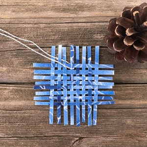 Blue Woven Ornament- 3x3- Woven Paper- Blue, White, Silver- Handmade Weaving