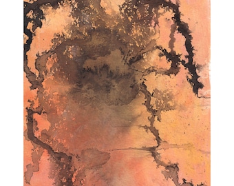 5x7 Orange Abstract Print- Fissure- Pen and Ink, Watercolor- Sepia