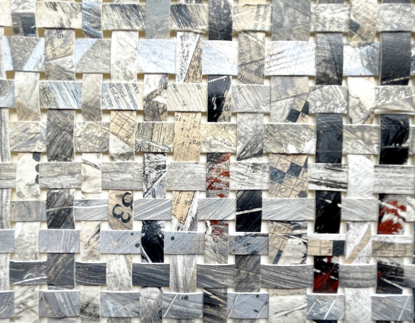 Crossword Paper Weaving 14x13 Original Handmade Art Black, Grey, White