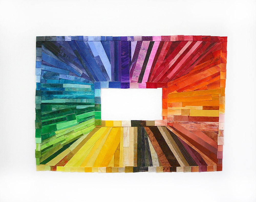 Rainbow Paper Collage- Wood Block- 16x20- Colorful Mixed Media- Color Spectrum- Vertical Horizontal