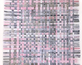 Pink Grey Paper Weaving- 16x14- Original Mixed Media- Woven Paper Collage