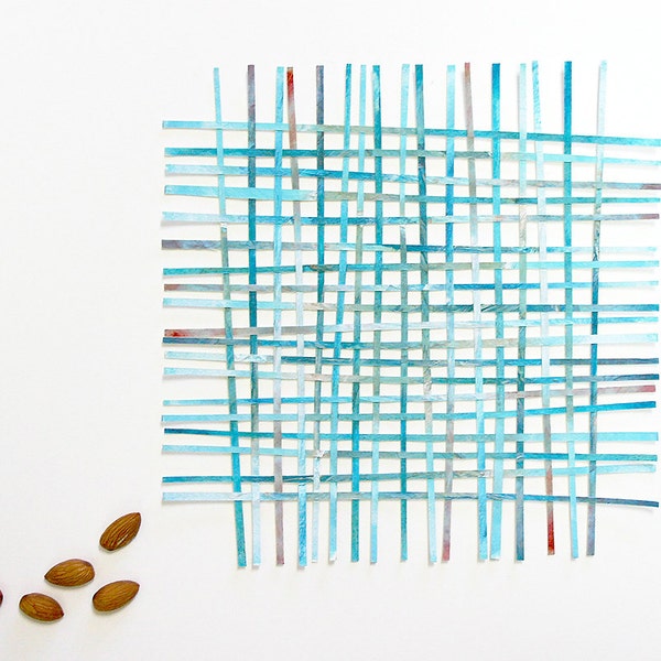 Turquoise Skinny Paper Weaving- Woven Paper Art- Handwoven Abstract- Mixed Media- Minimalist- Modern Decor- Square- 9x9