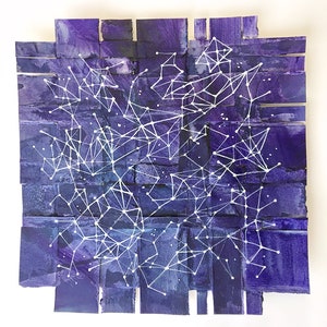 May include: Abstract watercolor painting with a purple background and white lines forming a constellation pattern.