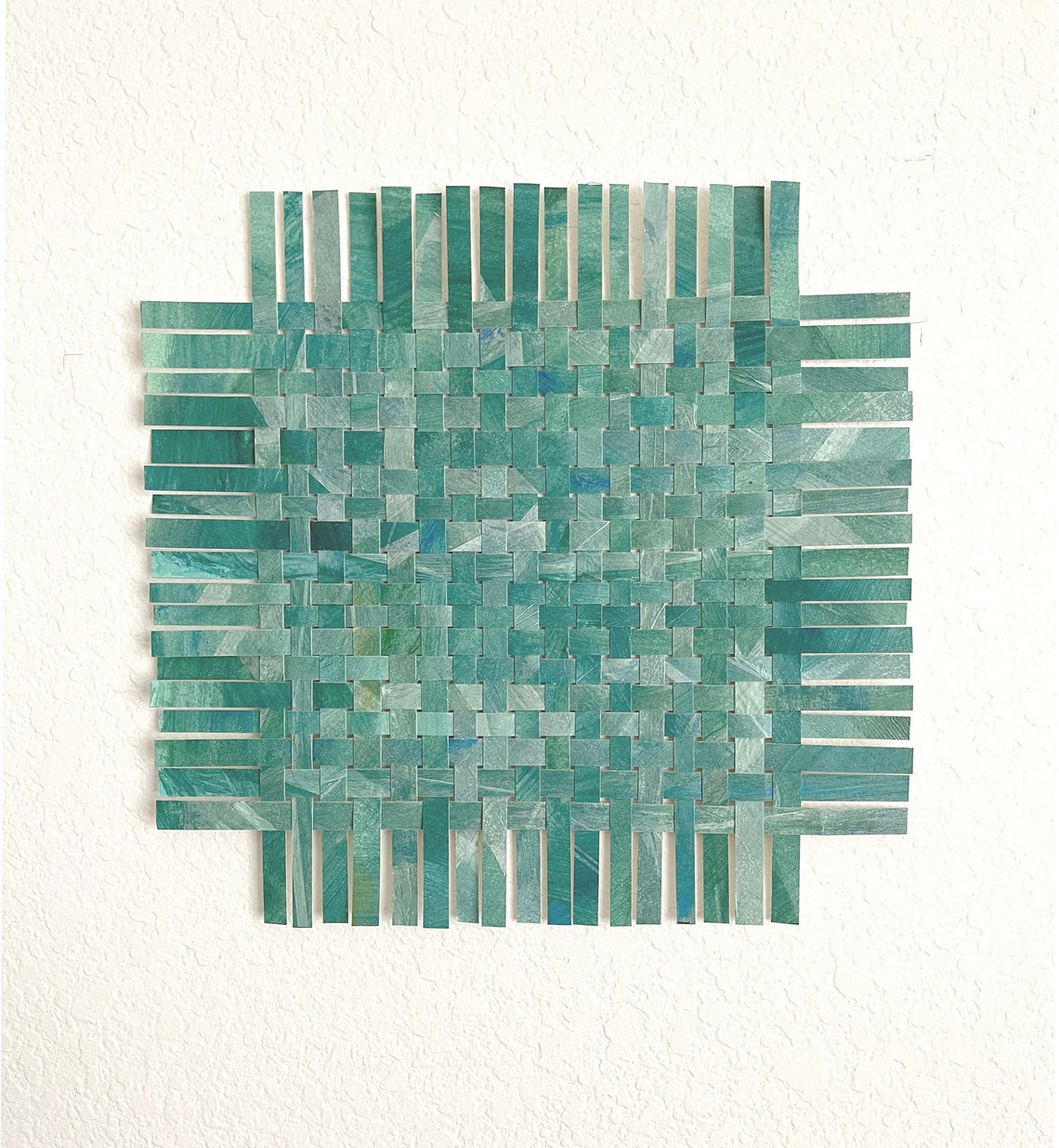 Green Blue Paper Weaving 11 X 11 Abstract Art Green, White, Blue Woven ...