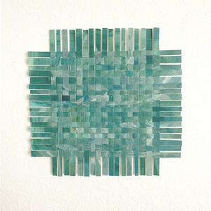 Green Blue Paper Weaving 11 X 11 Abstract Art Green, White, Blue Woven ...
