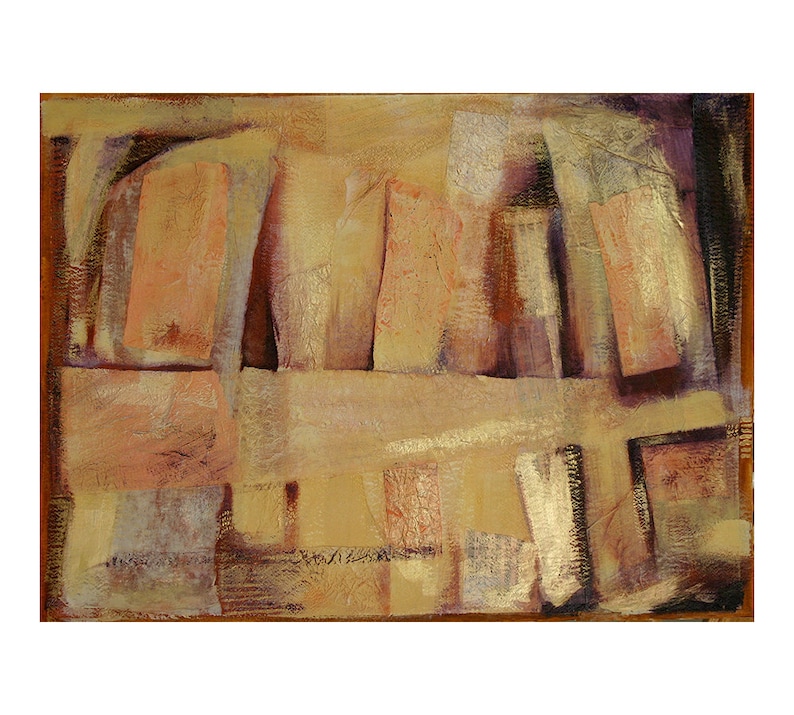 Mixed Media Collage 22x30 Large Wall Art Sienna Brown, Gold Metallic Group Hug image 1