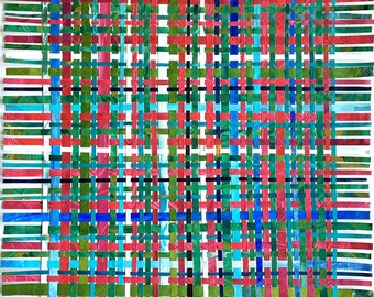 Paper Weaving Art- 22 x 23 Inches- Plaid- Large Wall Art- Woven Papers- Red, Blue, Green, Turquoise