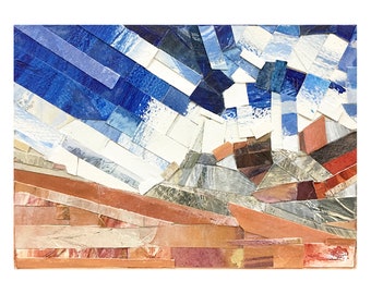 Paper Mosaic Collage- 5x7- Wood Block- Abstract Landscape- Blue Copper White- Room Decor