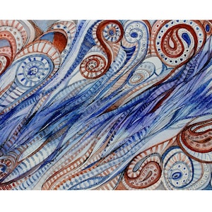 Blue Paisley Drawing- 6x9- Original Art- Ink and Watercolor- Copper, White