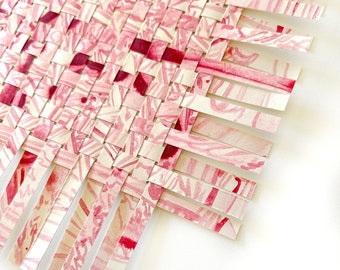 Pink Stripe Paper Weaving- Original Woven Painting- Hand Woven Wall Art- Pink, Pearlescent, Magenta, Cream- Fine Art- 7.75x7.75