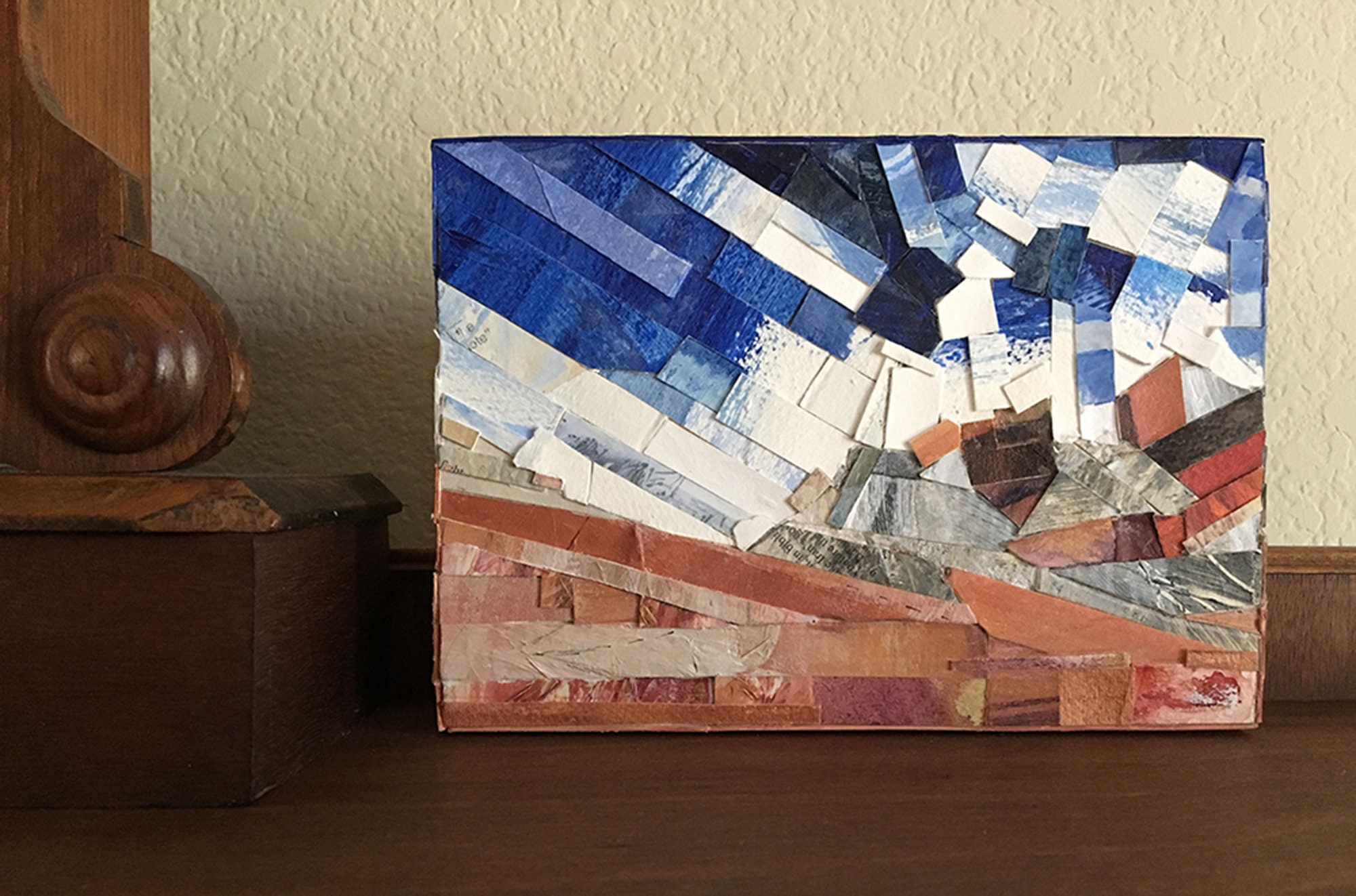 Paper Mosaic Collage- 5x7- Wood Block- Abstract Landscape- Blue Copper ...