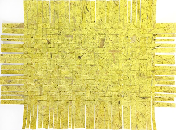 Yellow Paper Weaving- Yellow Green- 17x13- Abstract Wall Art- Twill Weave