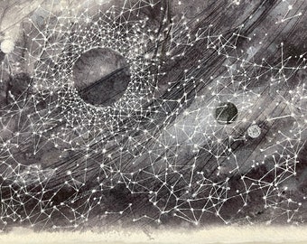 Black Celestial Painting- 10x15- Black, White, Grey- Halloween- Moons and Planets