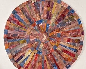 Circle Wall Art- Paper Mosaic- 8 Inch Diameter- Red, Blue, Gold, Pink- Moon and Letters- Handmade Abstract- Mixed Media Wall Art