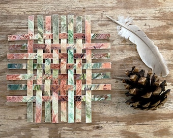 Forest Paper Weaving- 5 Inches Square- Small Abstract Art- Handwoven Watercolor- Green, Brown