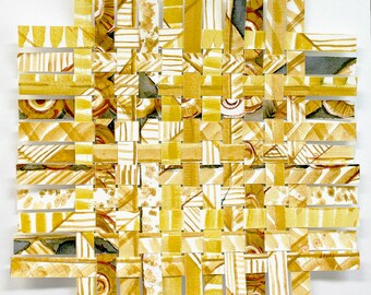 Yellow Paper Weaving- 9x9- Abstract Watercolor- Woven Paper- Gold, Ochre, White- Unframed