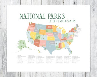 US National Parks Map, Explorer Nursery/Kids Print (16 x 20)