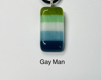 Gay man pendant fused glass handmade with Free UK postage. MLM lgbt lgbtq+ pride jewellery love wins