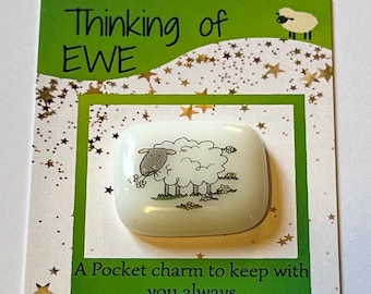 Fused glass sheep pocket charm token love favour love you, Thinking of you, thinking of EWE  handmade in Wales free UK postage purse charm