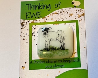 Fused glass sheep pocket charm token love favour love you, Thinking of you, thinking of EWE  handmade in Wales free UK postage purse charm