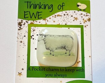 Fused glass sheep pocket charm token love favour love you, Thinking of you, thinking of EWE  handmade in Wales free UK postage purse charm