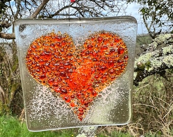 Memorial heart light catcher handmade Orange fused glass textured piece, ashes, remembrance, human, pet,bespoke commission service. UK based