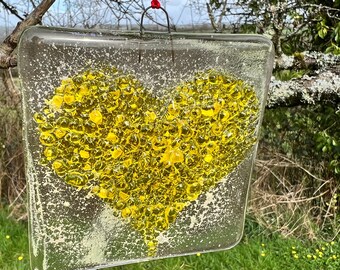 Memorial heart light catcher handmade Yellow fused glass textured piece, ashes, remembrance, human, pet,bespoke commission service. UK based