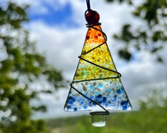 Rainbow tree decoration fused glass pride colourful housewarming window light catcher free UK postage handmade