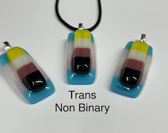 Non binary Trans pride pendant fused glass necklace coming out present handmade Free UK postage. lgbt lgbtq+  love wins