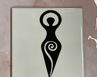 Ceramic Coaster Goddess Divine Feminine SpiralWicca Heathen Pagan Pride hand designed, kiln fired Made in Wales