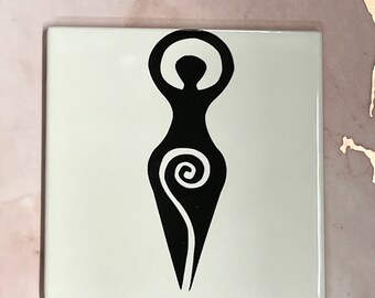 Ceramic Coaster Goddess Divine Feminine Spiral Wicca Heathen Pagan Pride hand designed, kiln fired Made in Wales