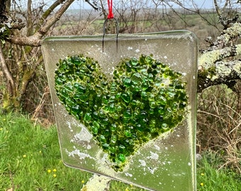 Memorial heart light catcher handmade Green fused glass textured piece, ashes, remembrance, human, pet,bespoke commission service. UK based