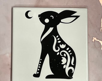 Ceramic Coaster Hare Moon gazing Hare Wicca Heathen Pagan Pride hand designed, kiln fired Made in Wales