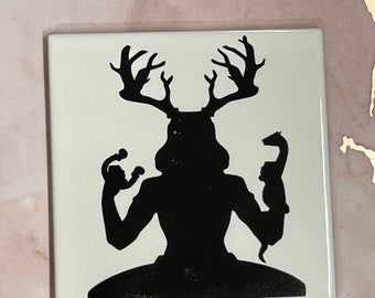 Ceramic Coaster Horned Man Pagan Greenman Cernunnos Divine Masculine God Druid Wicca Heathen Pagan Pride hand designed, kiln fired