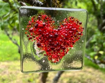 Memorial heart light catcher handmade fused glass textured piece, ashes, remembrance, human, pet, bespoke commission service. UK based