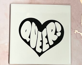 Ceramic Coaster QUEER, gay gift, coming out LGBTQ Pride hand designed kiln fired Made in Wales original art queer owned business