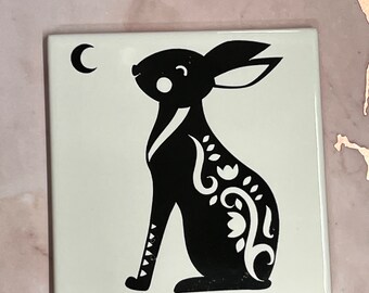 Ceramic Coaster Hare Moon gazing Hare Wicca Heathen Pagan Pride hand designed, kiln fired Made in Wales