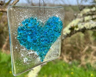 Memorial heart light catcher handmade Blue fused glass textured piece, ashes, remembrance, human, pet,bespoke commission service. UK based