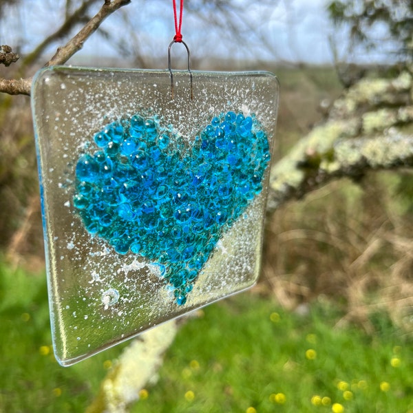 Memorial heart light catcher handmade Blue fused glass textured piece, ashes, remembrance, human, pet,bespoke commission service. UK based