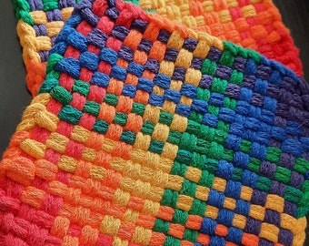 Handmade Woven Primary Colors 6X6 Potholders, Red Orange Yellow Blue Green PH6-06