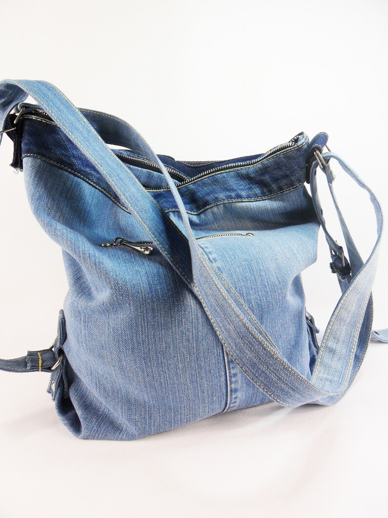 Denim travel bag Jeans fabric tote bag Recycled frayed denim | Etsy