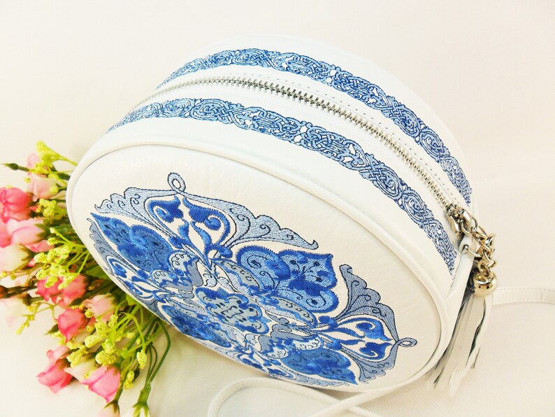 Leather White Embroidered Bag Round Embroidered Crossbody Bag Etsy