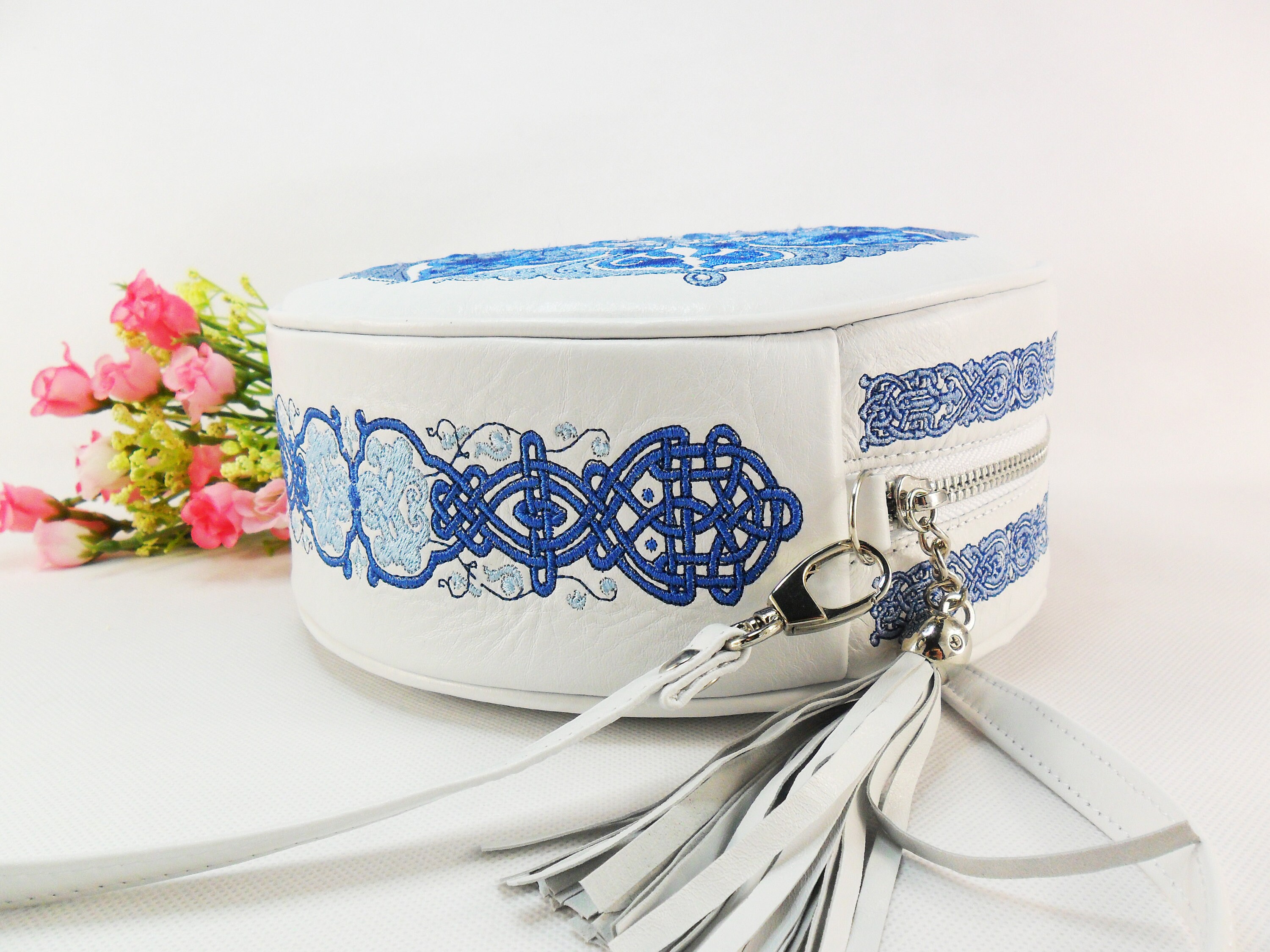 Leather White Embroidered Bag Round Embroidered Crossbody Bag Etsy