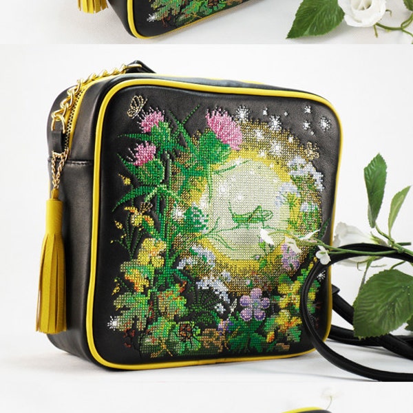Embroidered Leather Bag Black leather bag  Embroidered bag  Embroidered shoulder bag  Bright bag with embroidery Black bag Square bag Youth