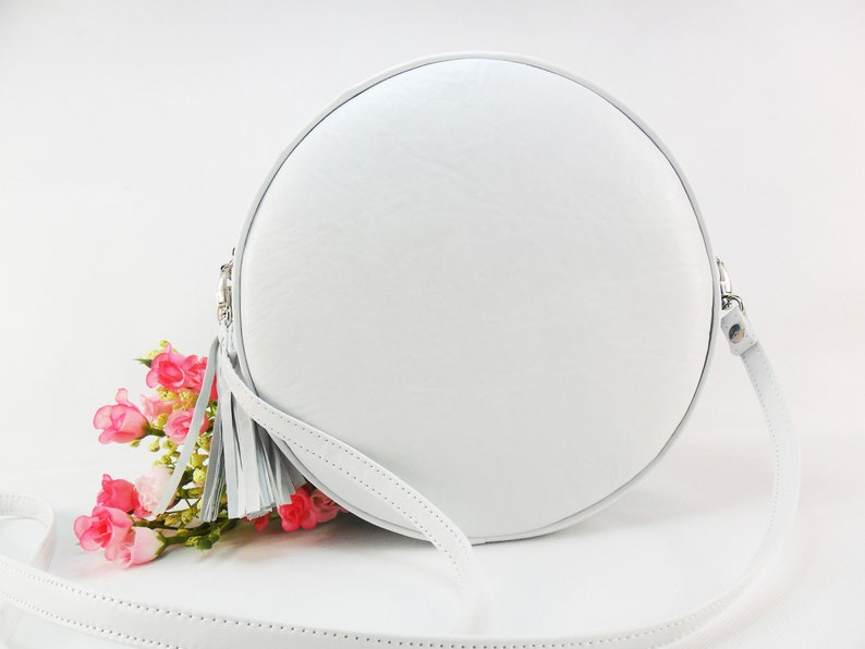 Leather White Embroidered Bag Round Embroidered Crossbody Bag Etsy