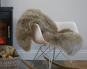 Stunning soft taupe coloured sheepskin rug, chair cover with ties ,bed throw, carpet, mat, hygge, taupe, beige, neutral, eco, wool, hide