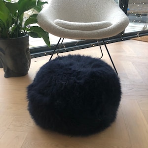 Dark navy blue sheepskin footstool, sheepskin pouffe , fluffy pouffe, sheepskin, footstool, pouffe, navy sheepskin,