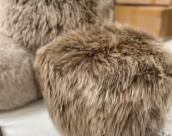 Taupe sheepskin pouffe, footstool, light brown, cosy interior, fluffy , luxurious ethically sourced , handmade in the UK