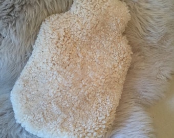 Sheepskin hot water bottle cover 'Hottie' natural oyster coloured curly sheepskin. Create hygge !