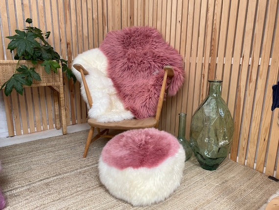 Sheepskin Pouffe Dusky Pink Ivory Fluffy Pouffe Footstool